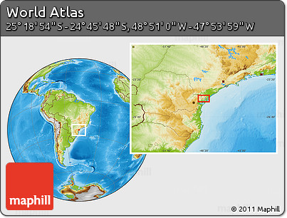 Physical Location Map of the Area around 25° 2' 21" S, 48° 22' 30" W