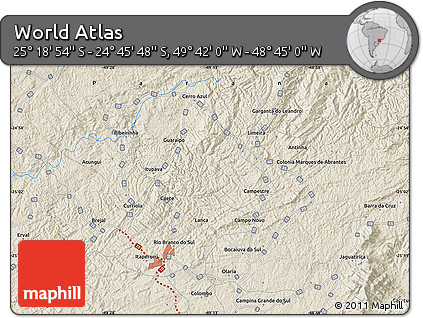 Shaded Relief Map of the Area around 25° 2' 21" S, 49° 13' 30" W