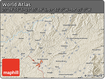 Shaded Relief Map of the Area around 25° 2' 21" S, 49° 13' 30" W