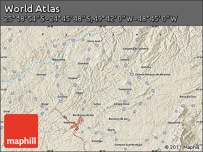 Shaded Relief Map of the Area around 25° 2' 21" S, 49° 13' 30" W