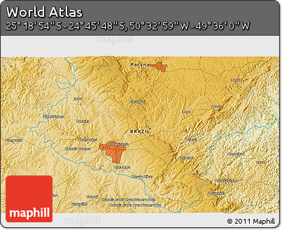 Physical 3D Map of the Area around 25° 2' 21" S, 50° 4' 30" W