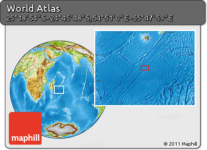 Physical Location Map of the Area around 25° 2' 21" S, 55° 19' 30" E