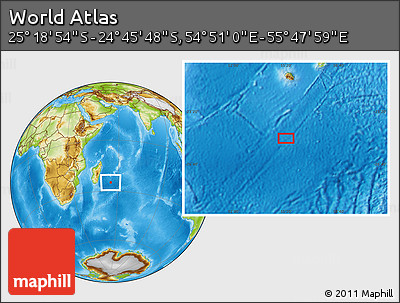 Physical Location Map of the Area around 25° 2' 21" S, 55° 19' 30" E