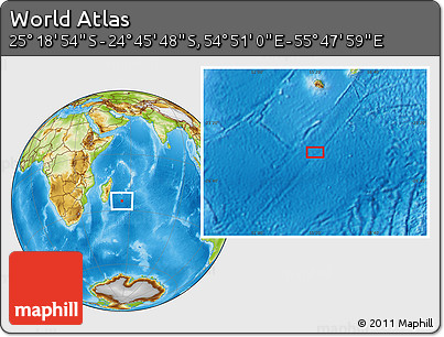 Physical Location Map of the Area around 25° 2' 21" S, 55° 19' 30" E