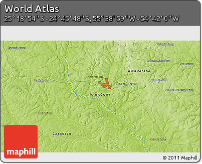 Physical 3D Map of the Area around 25° 2' 21" S, 55° 10' 29" W