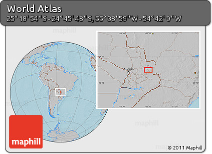 Gray Location Map of the Area around 25° 2' 21" S, 55° 10' 29" W, hill shading