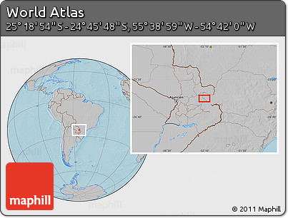 Gray Location Map of the Area around 25° 2' 21" S, 55° 10' 29" W, hill shading