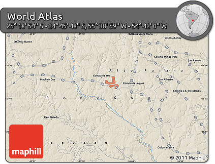 Shaded Relief Map of the Area around 25° 2' 21" S, 55° 10' 29" W