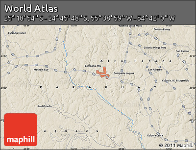 Shaded Relief Map of the Area around 25° 2' 21" S, 55° 10' 29" W