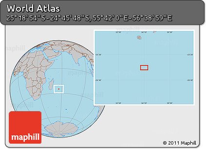 Gray Location Map of the Area around 25° 2' 21" S, 56° 10' 29" E