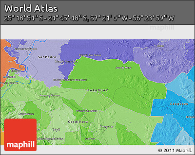 Political 3D Map of the Area around 25° 2' 21" S, 56° 52' 30" W