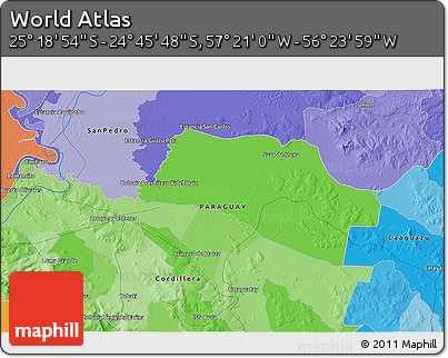 Political 3D Map of the Area around 25° 2' 21" S, 56° 52' 30" W