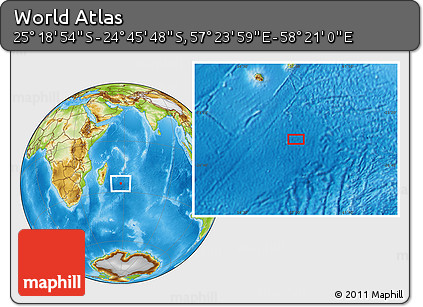 Physical Location Map of the Area around 25° 2' 21" S, 57° 52' 30" E
