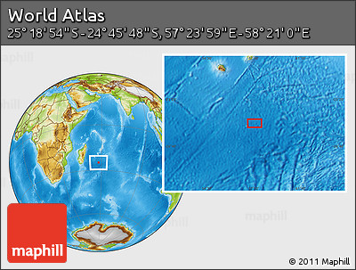 Physical Location Map of the Area around 25° 2' 21" S, 57° 52' 30" E