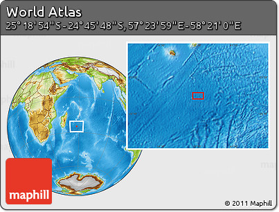 Physical Location Map of the Area around 25° 2' 21" S, 57° 52' 30" E