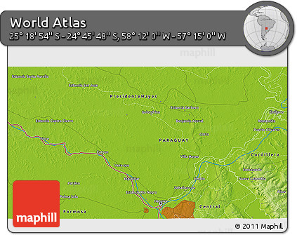 Physical 3D Map of the Area around 25° 2' 21" S, 57° 43' 30" W