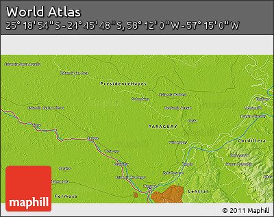 Physical 3D Map of the Area around 25° 2' 21" S, 57° 43' 30" W