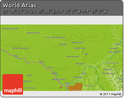 Physical 3D Map of the Area around 25° 2' 21" S, 57° 43' 30" W