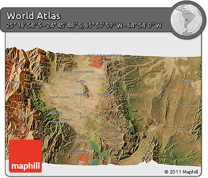 Satellite 3D Map of the Area around 25° 2' 21" S, 65° 22' 30" W