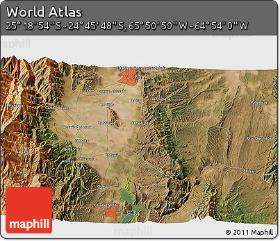 Satellite 3D Map of the Area around 25° 2' 21" S, 65° 22' 30" W