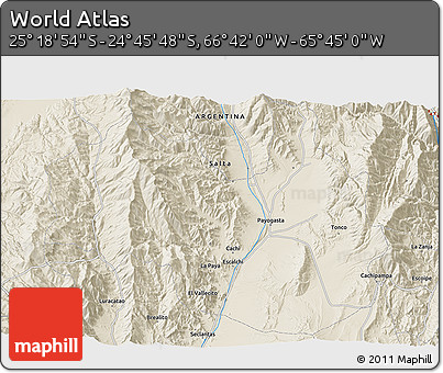 Shaded Relief 3D Map of the Area around 25° 2' 21" S, 66° 13' 29" W