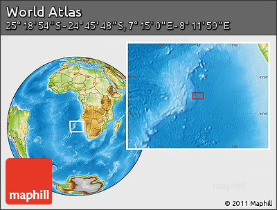 Physical Location Map of the Area around 25° 2' 21" S, 7° 43' 29" E