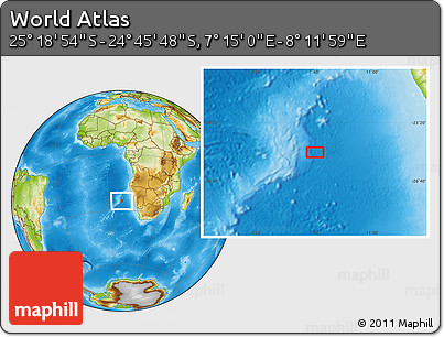 Physical Location Map of the Area around 25° 2' 21" S, 7° 43' 29" E
