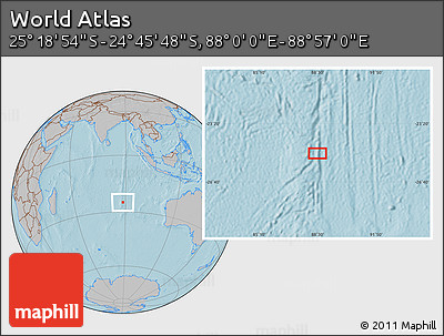 Gray Location Map of the Area around 25° 2' 21" S, 88° 28' 29" E, hill shading