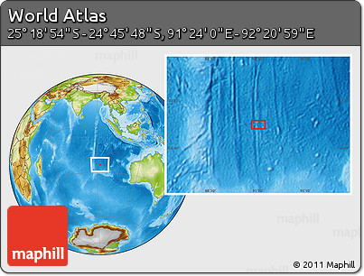 Physical Location Map of the Area around 25° 2' 21" S, 91° 52' 30" E