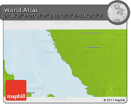 Physical 3D Map of the Area around 25° 31' 56" S, 113° 58' 29" E