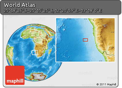 Physical Location Map of the Area around 25° 31' 56" S, 12° 49' 29" E