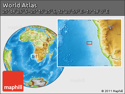Physical Location Map of the Area around 25° 31' 56" S, 12° 49' 29" E