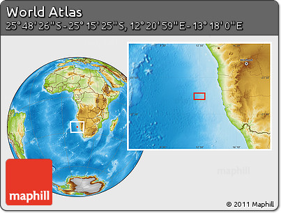 Physical Location Map of the Area around 25° 31' 56" S, 12° 49' 29" E