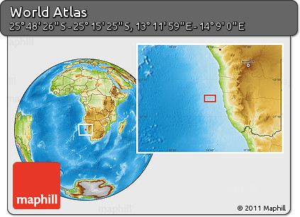 Physical Location Map of the Area around 25° 31' 56" S, 13° 40' 30" E