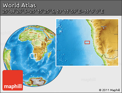 Physical Location Map of the Area around 25° 31' 56" S, 13° 40' 30" E