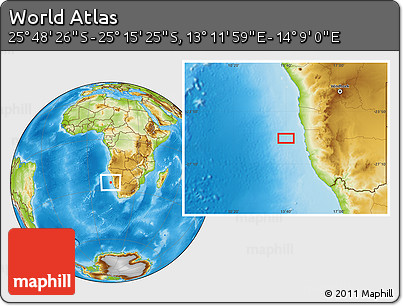 Physical Location Map of the Area around 25° 31' 56" S, 13° 40' 30" E