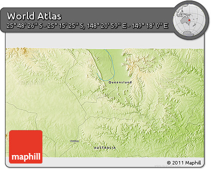 Physical 3D Map of the Area around 25° 31' 56" S, 148° 49' 29" E