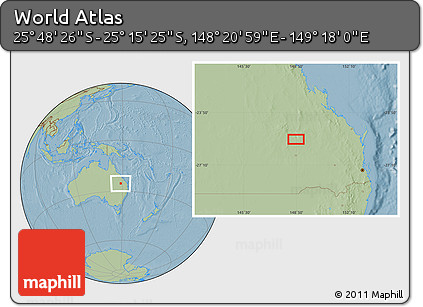 Savanna Style Location Map of the Area around 25° 31' 56" S, 148° 49' 29" E, hill shading