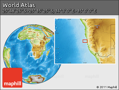 Physical Location Map of the Area around 25° 31' 56" S, 14° 31' 30" E