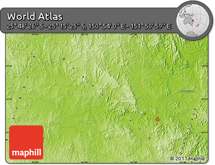 Physical Map of the Area around 25° 31' 56" S, 151° 22' 30" E
