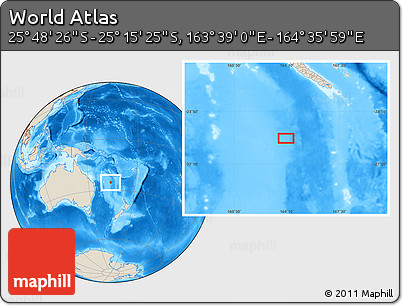 Shaded Relief Location Map of the Area around 25° 31' 56" S, 164° 7' 30" E