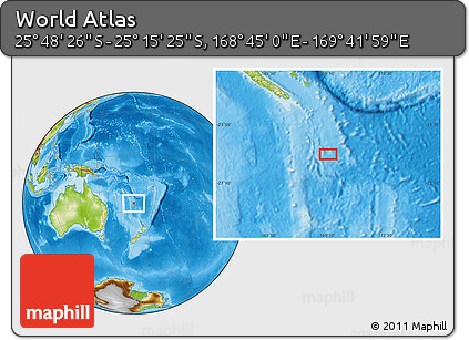 Physical Location Map of the Area around 25° 31' 56" S, 169° 13' 29" E