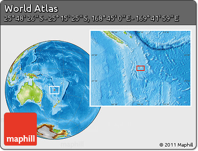 Physical Location Map of the Area around 25° 31' 56" S, 169° 13' 29" E