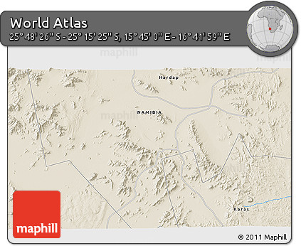 Shaded Relief 3D Map of the Area around 25° 31' 56" S, 16° 13' 30" E