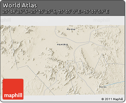 Shaded Relief 3D Map of the Area around 25° 31' 56" S, 16° 13' 30" E