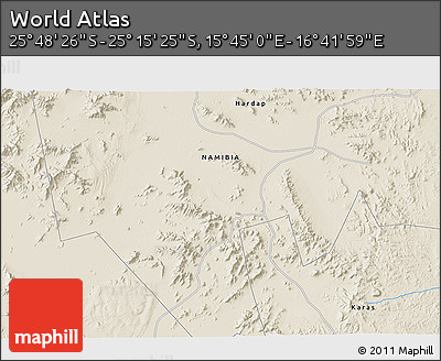 Shaded Relief 3D Map of the Area around 25° 31' 56" S, 16° 13' 30" E