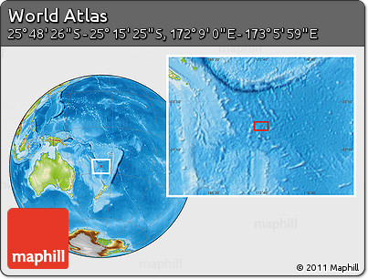 Physical Location Map of the Area around 25° 31' 56" S, 172° 37' 30" E