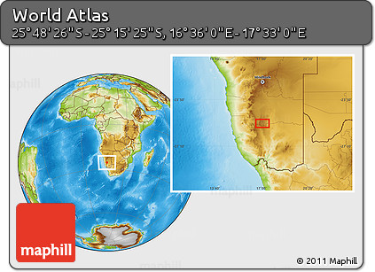 Physical Location Map of the Area around 25° 31' 56" S, 17° 4' 30" E