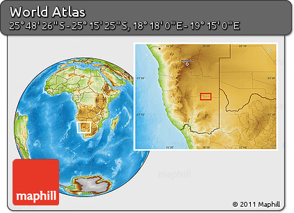 Physical Location Map of the Area around 25° 31' 56" S, 18° 46' 29" E
