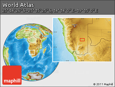 Physical Location Map of the Area around 25° 31' 56" S, 18° 46' 29" E